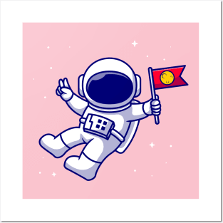 Astronaut Bring Flag In Space Cartoon Posters and Art